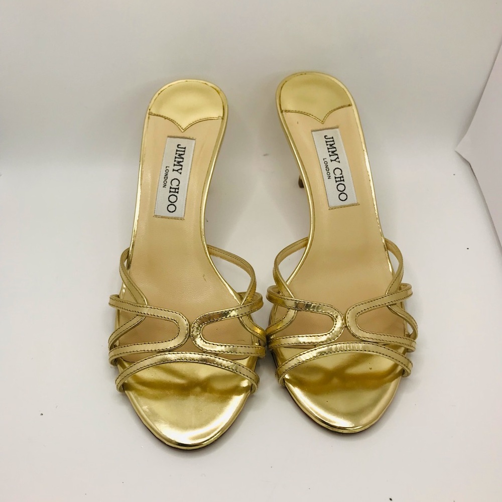 Jimmy Choo Metallic Gold Strappy Slide Heels - Picture 3 of 12